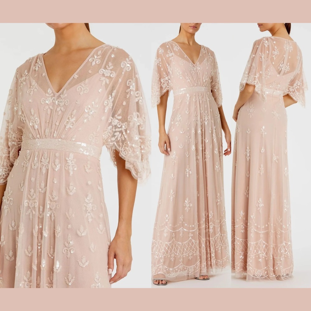 NWT Mac Duggal [ 14 ] 9144 V Neck Flutter Sleeve Embellish Mesh Gown Blush J2077